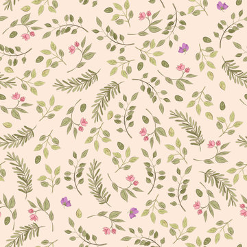 Beautiful floral seamless, tileable, watercolor pattern leaves and flowers on beige background