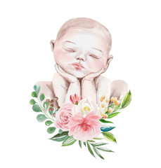 Cute watercolor newborn baby girl with floral wreath, flowers bouquet