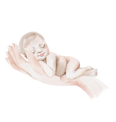 Cute watercolor newborn baby girl or boy dreaming on mothers hand © creationsofanna