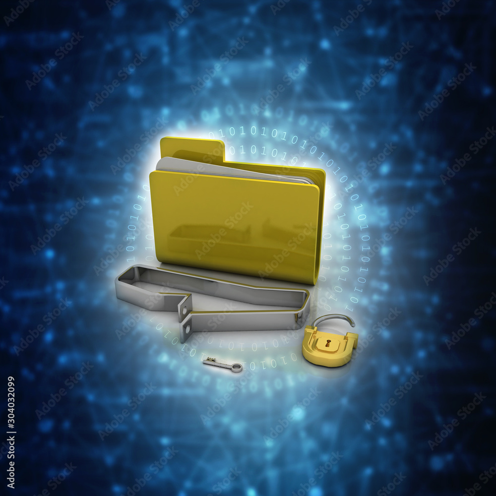 Poster yellow folder and lock. data security concept. 3d rendering
