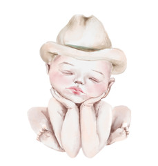 Cute watercolor newborn dreaming, posing baby in cowboy hat