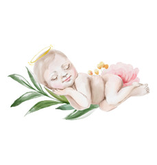 Cute watercolor newborn baby girl with floral wreath, flowers bouquet and angel nimb - obrazy, fototapety, plakaty