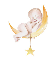 Cute watercolor newborn dreaming, posing baby on moon with star