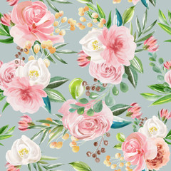 Obraz na płótnie Canvas Beautiful floral seamless, tileable, watercolor pattern roses and peonies on blue background