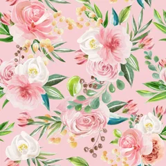 Foto op Plexiglas Mooie bloemen naadloze, betegelbare, aquarel patroon rozen en pioenrozen op roze achtergrond © creationsofanna