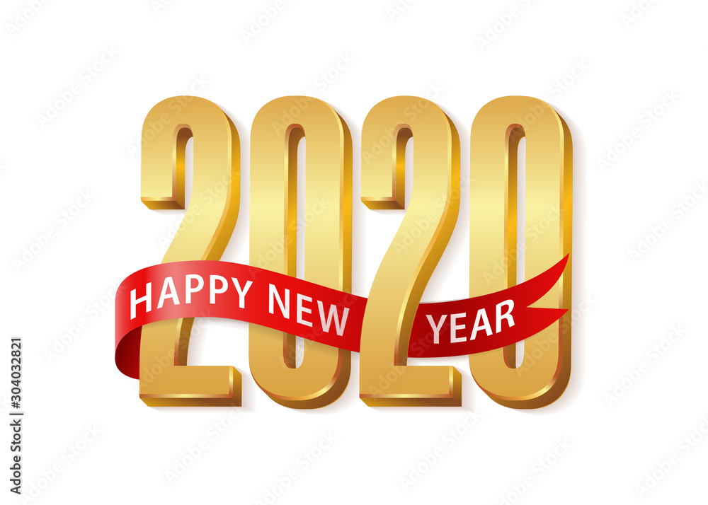 Wall mural 2020 happy new year gold text 3d logo with red ribbon. design template celebration typography poster