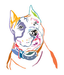 Colorful decorative contour outline portrait of Dog American Staffordshire Terrier, vector illustration in black color isolated on white background. Image for design and tattoo. 