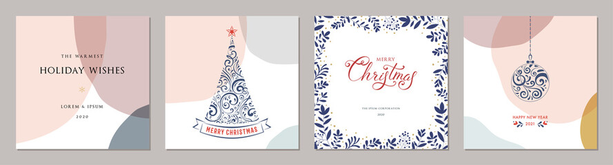Merry Christmas greeting cards. Trendy abstract square Winter Holidays art templates.