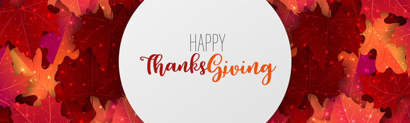 Thanksgiving sale banner, website header or newsletter cover. Red and orange fall leaves realistic vector illustration with lettering.