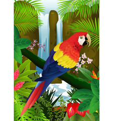 Cartoon parrot on the branches of a tropical tree