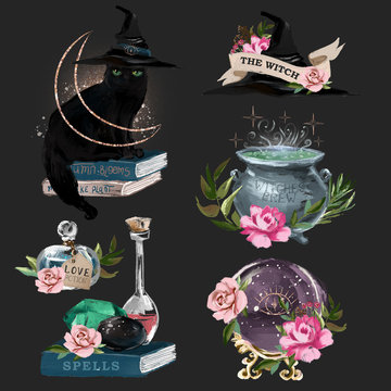 Witchcraft oil painted design elements - black cat in the hat, witch hat with flowers, potion bottles, magic ball and kettle