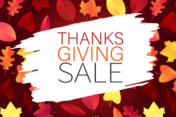 Thanksgiving flyer or poster. Fall traditional american holiday. Background with oak red and orange leaves with lettering on a white brush stroke. Vector illustration.
