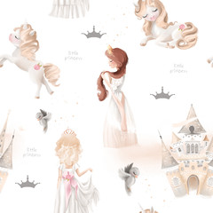 Fototapety  Cute girl, princess seamless, tileable pattern - princesses, unicorns, magic castle, birds and crowns on white background