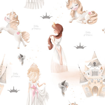 Cute girl, princess seamless, tileable pattern - princesses, unicorns, magic castle, birds and crowns on white background