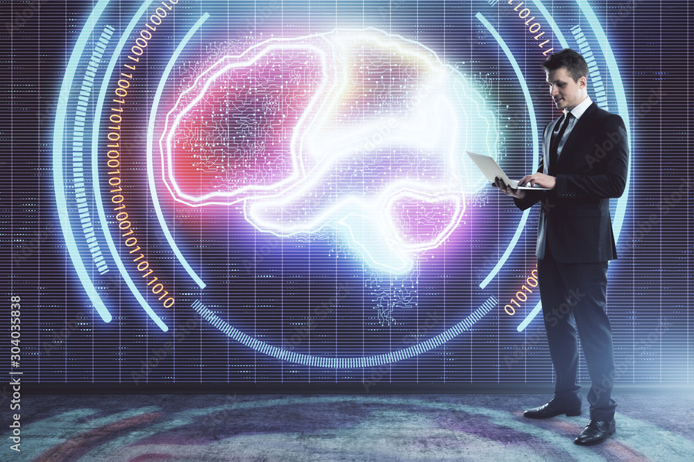 Poster man and brain icon hologram. double exposure. concept of data development