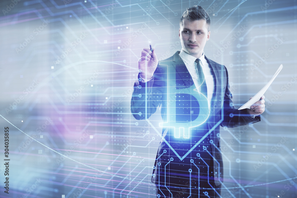 Poster man and blockchain theme hologram. multi exposure. concept of cryptocurrency
