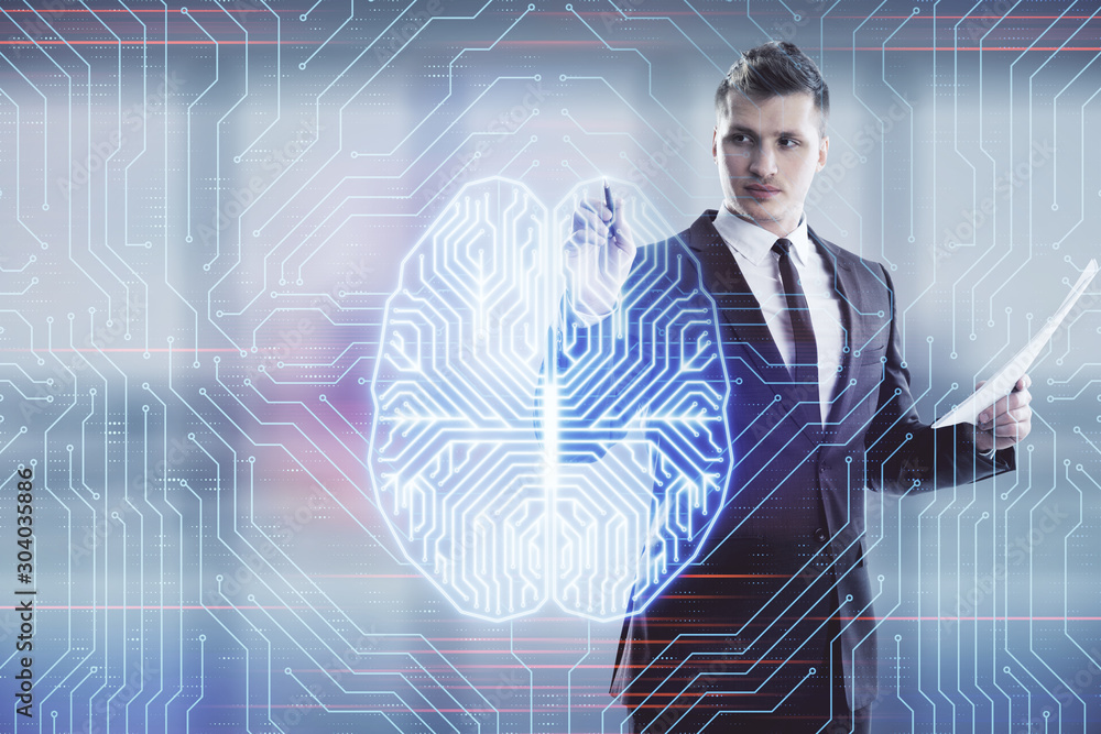 Aufkleber man and brain icon hologram. double exposure. concept of data development