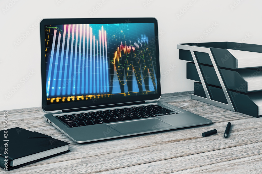 Poster laptop closeup with forex graph on computer screen. financial trading and education concept. 3d rend