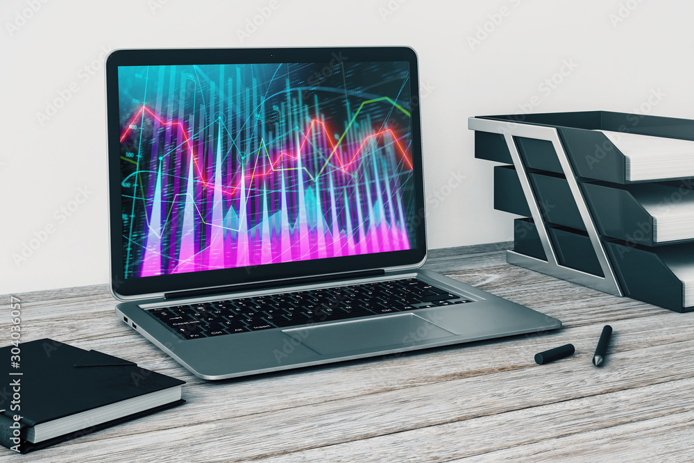 Aufkleber laptop closeup with forex graph on computer screen. financial trading and education concept. 3d rend