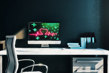 Desktop interior with human heart drawing on computer screen, table and chair. Concept of medical education. 3d rendering.