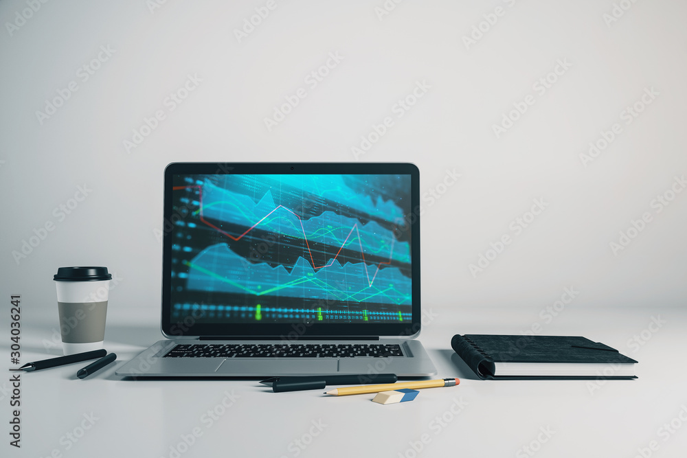 Poster laptop closeup with forex graph on computer screen. financial trading and education concept. 3d rend