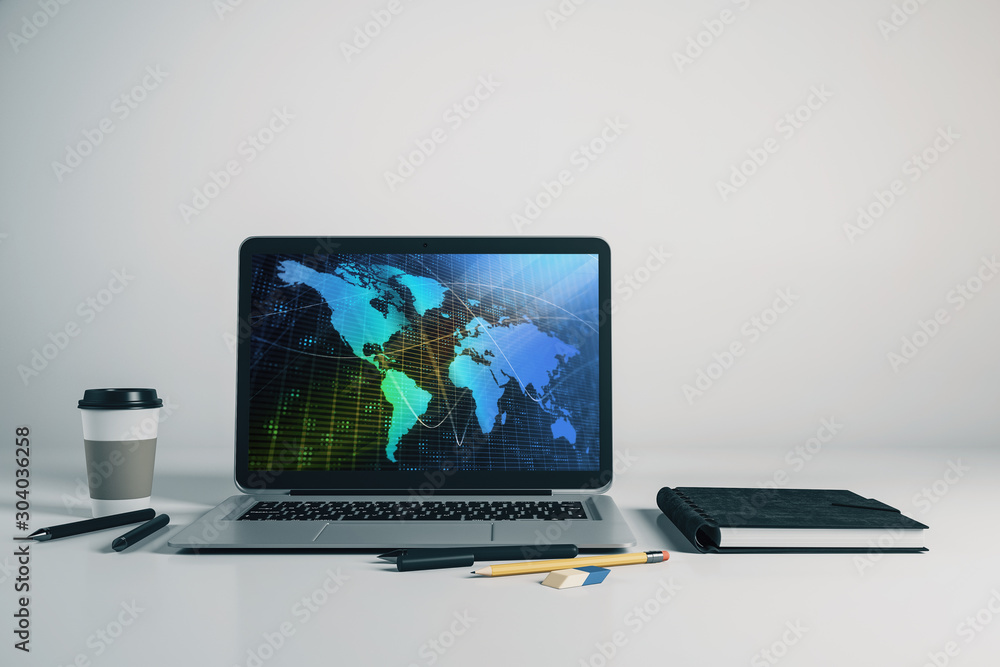 Poster laptop closeup with world map on computer screen. international education concept. 3d rendering.
