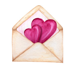 Obraz na płótnie Canvas Postal envelope for Valentine day with Hearts Flying Away. Greeting card concept. Pink stripe inside, beautiful romantic retro style. Hand drawn watercolor isolated illustration on white background.