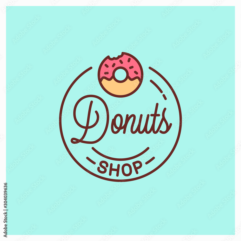 Sticker donuts shop logo. round linear of donut bakery