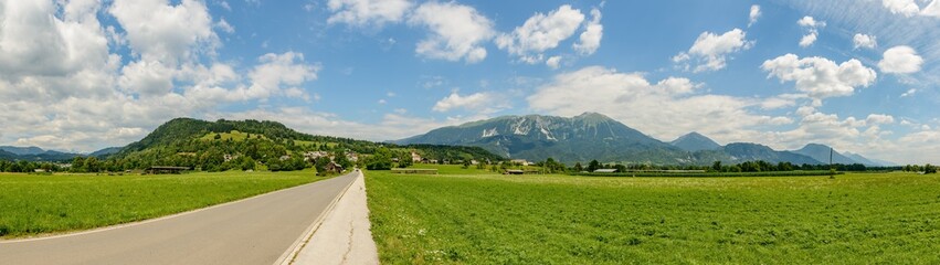 Fototapeta na wymiar panorama view from plains towards mountains around bled slovenia