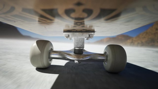 Skateboard ride on a dry field during sunny weather. Teenage sports activity 4K