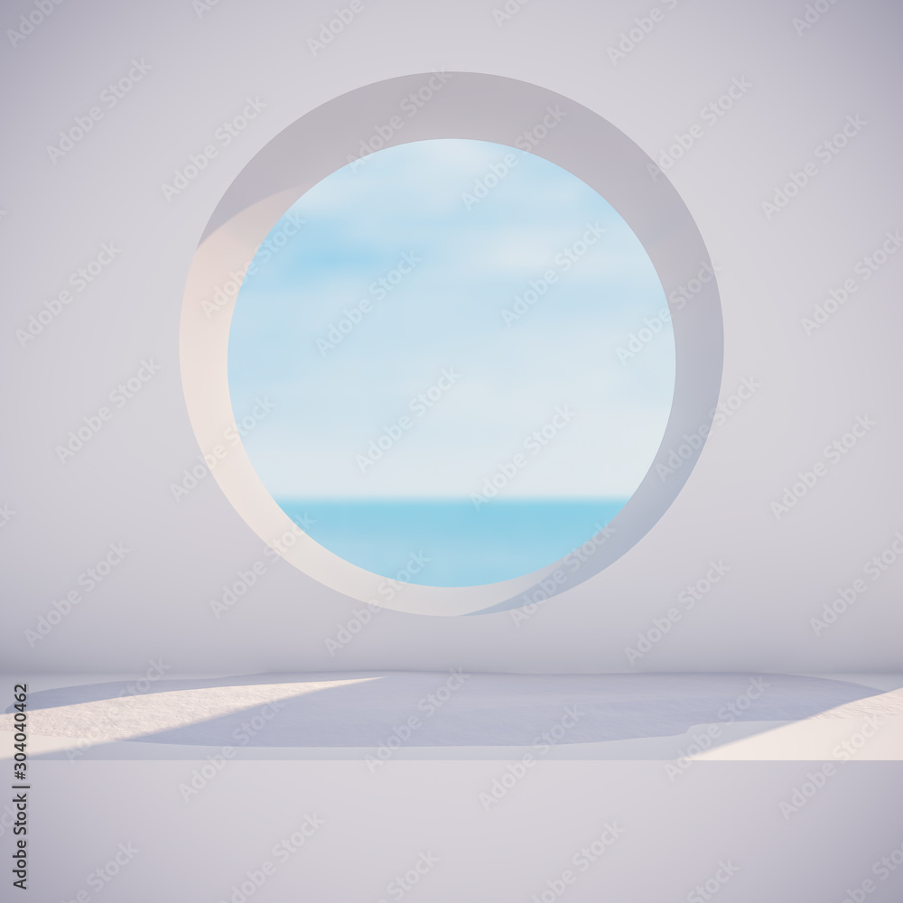 Poster winter scene with geometrical forms, circle frame. sea view. 3d render background.