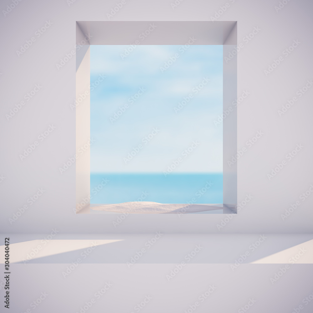 Poster winter scene with geometrical forms, square frame. sea view. 3d render background.