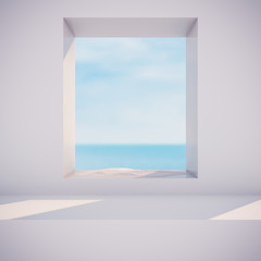 Winter scene with geometrical forms, square frame. sea view. 3D render background.