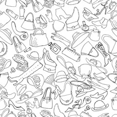Bags, hats, gloves, shoes and accessories. Vintage style, seamless pattern. Vector illustration, hand drawn.
