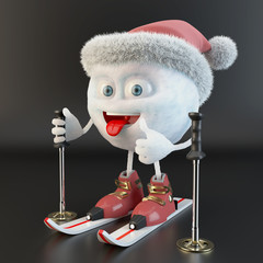 skiing snowball character with santa hat over black background