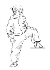 Teenager boy dressed in street fashion style. Hand drawn black sketch, outline. Vector illustration, isolated on white.