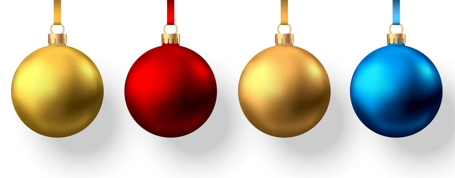 Realistic  gold, red, blue  Christmas  balls  isolated on white background.