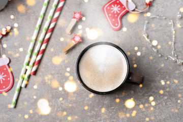 Cozy Christmas photo. Cup of cocoa, Christmas decor, glitter.