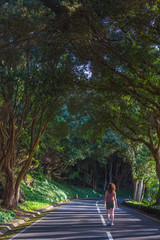 Fototapeta na wymiar Young woman walking at the road in the forest near Vigia das Baleias. Terceira, Azores. Portugal