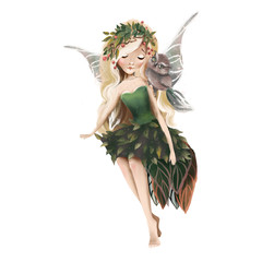 Cute hand drawn fairy with owl in floral wreath, flowers bouquet, woodland watercolor illustration