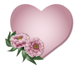 Vector background in the shape of a heart with pink peony flowers. Invitation card design.