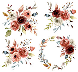 Set with watercolor flowers roses, leaf. Floral illustration perfectly for greetings card, wedding invitation, poster, stickers and other printing. Isolation on white background. Hand painting. © Larisa
