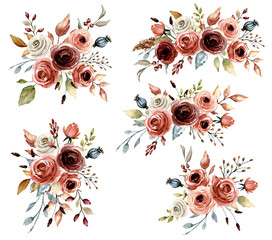 Set with watercolor flowers roses, leaf. Floral bouquets perfectly for greetings card, wedding invitation, poster, stickers and other printing. Isolation on white background. Hand painting. © Larisa