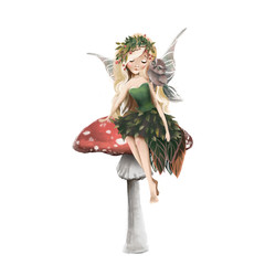Cute hand drawn fairy in floral wreath, sitting on mushroom, woodland watercolor illustration - 304043621