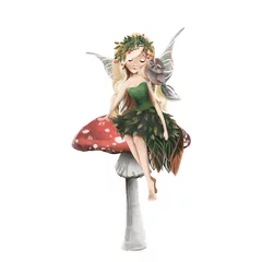 Fotobehang Cute hand drawn fairy in floral wreath, sitting on mushroom, woodland watercolor illustration © creationsofanna