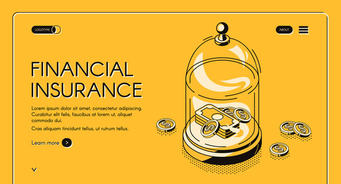 Financial Insurance Isometric Landing Page, Money Dollar Bills And Coins Lying Under Glass Dome. Finance Protection, Secure Investment, Protect Savings. 3d Vector Illustration, Line Art Web Banner