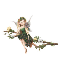 Cute hand drawn fairy in floral wreath, sitting on the tree, woodland watercolor illustration - 304043804