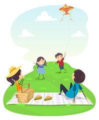 Stickman Family Picnic Flying Kite Illustration