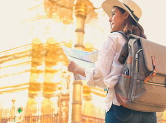 woman traveler tourist with map. journey trip travel concept
