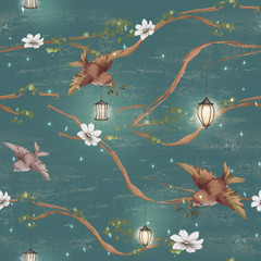 Beautiful hand drawn tree branshes with flowers, lanterns and birds seamless pattern with golden dust texture